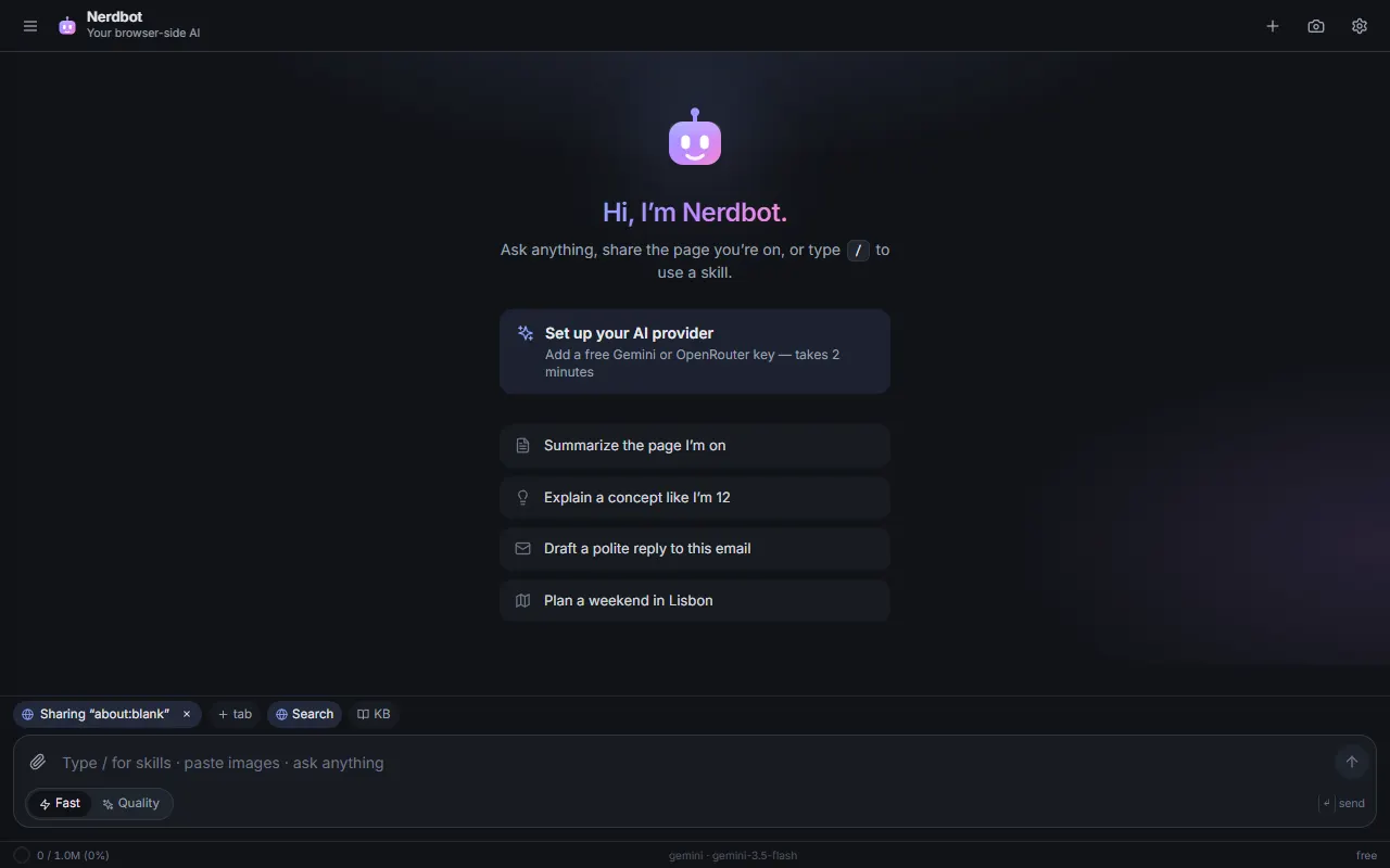 Nerdbot's browser assistant with page context, chat, and a choice of AI providers.